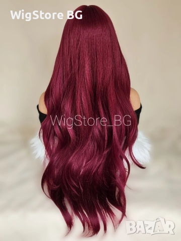 Червена бордо перука с бретон на леки къдрици, снимка 5 - Аксесоари за коса - 52364360