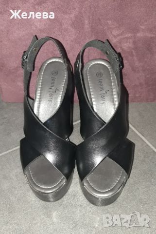 Дамски черни сандали, с висок, дебел ток и платформа-естествена кожа, снимка 1 - Сандали - 46352538