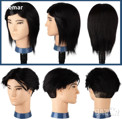 Мъжка глава за практикуване на подстригване с гъста коса, 100% човешка коса, черна коса, 33 см, снимка 6 - Фризьорски принадлежности - 50321782