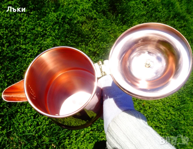 Медна кана с капак,меден чайник,чиста червена мед,печат. , снимка 4 - Антикварни и старинни предмети - 54160253