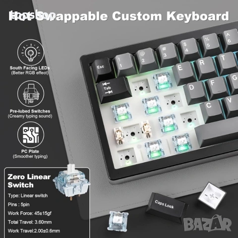 Чисто нова, запечатана YUNZII AL68 – Алуминиева Механична Клавиатура (Gateron Zero)  , снимка 5 - Клавиатури и мишки - 53357903