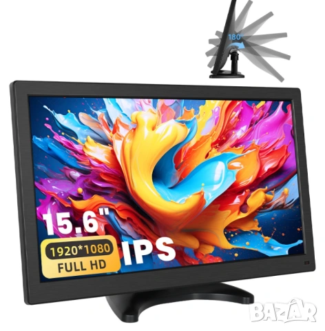 Монитор 12v 15.6” IPS, FULL HD Монитор за кола, камион, автомобил, компютър, HDMI, VGA с говорители