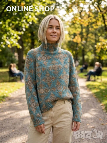 Модерен Дамски пуловер с геометричен принт и висока яка в елегантен стил, снимка 3 - Якета - 53701297