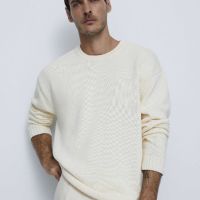Мъжки плетен пуловер Zara, Oversize, 100% памук, Мръснобял, XL, снимка 1 - Пуловери - 45729864