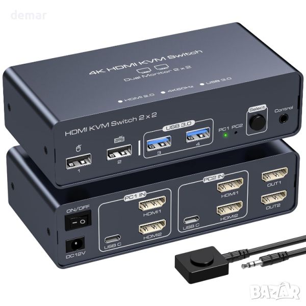 VEDINDUST KVM суич 2 монитора 2 компютъра 4K60HZ HDMI, 4 USB, настолен контролер, снимка 1