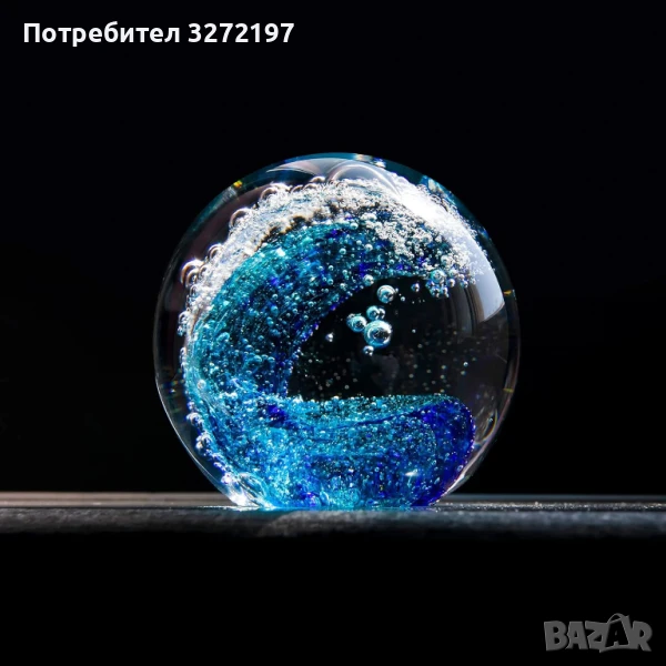 3Д Кристално преспапие, ръчно издухан син океански декор, снимка 1