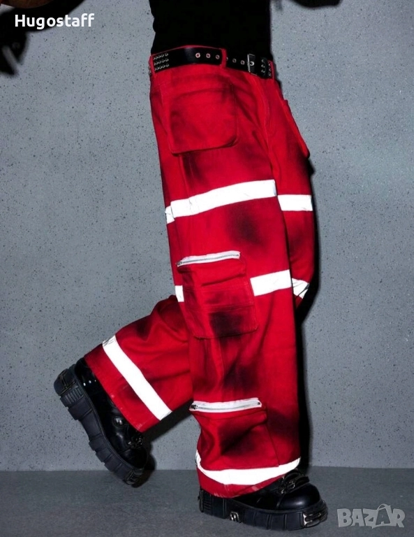 Нови baggy Casual Loose Fit Jeans дънки панталони карго  тъмно червени пожарникари размер 34, снимка 1