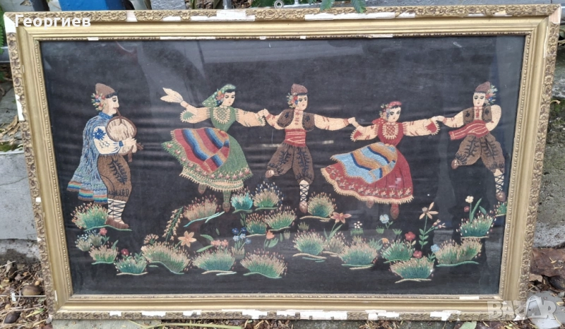 Стара картина с рамка, изтъкана от конци (гоблен), снимка 1