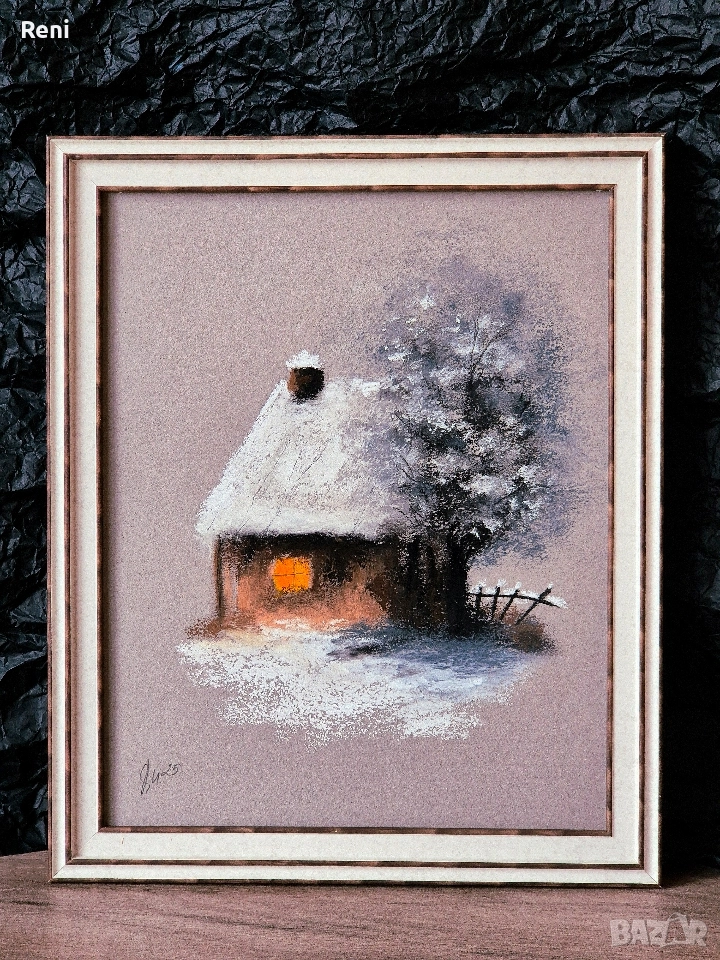 Зимен ден, картина въглен, оригинал, снимка 1