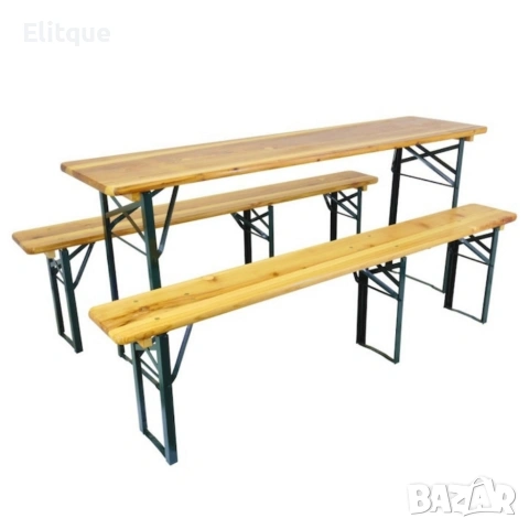 Сгъваем комплект градинска маса с 2 пейки - От чамово дърво, с отвор за чадър, снимка 4 - Градински мебели, декорация  - 53500692