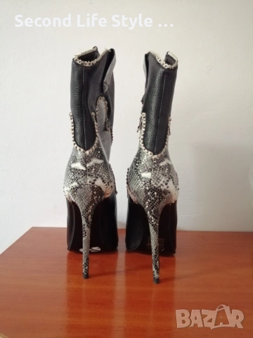 №36 дамски кожени боти ботуши със змийска кожа и кристали, висок тънък ток и остър връх, снимка 6 - Дамски боти - 54218486