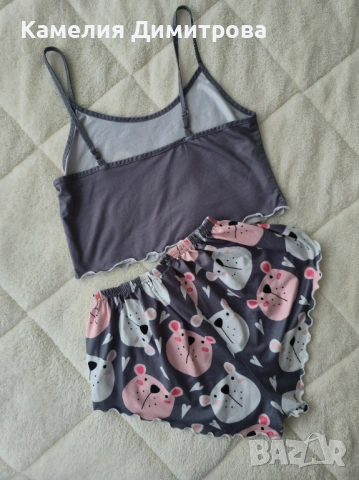 Дамски комплект за вкъщи – сив топ с мече + къси гащички, снимка 3 - Комплекти - 53285762
