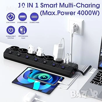 Индивидуално превключващ се разклонител с 6 контакта и 3 USB-A и 1 USB-C, снимка 3 - Друга електроника - 53916281