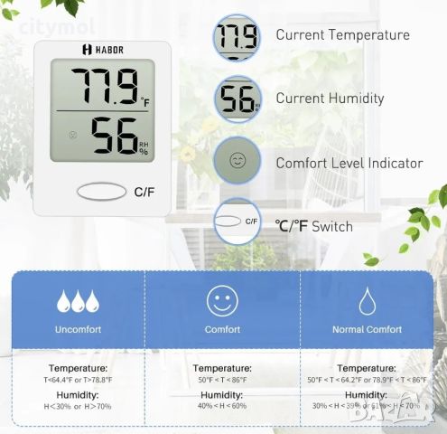 Мини дигитален термометър HABOR Хигрометър със сензор за влажност Бял, снимка 2 - Друга електроника - 46288534