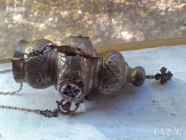 Старо висящо голямо кандило с емайл кадило тамянник, снимка 2 - Антикварни и старинни предмети - 53406152