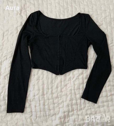 black long-sleeved corset-style crop top , снимка 5 - Корсети, бюстиета, топове - 51747966