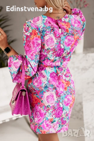 Разпродажба! Дамска къса рокля в лилаво с дълъг ръкав и флорален принт, снимка 2 - Рокли - 53124032