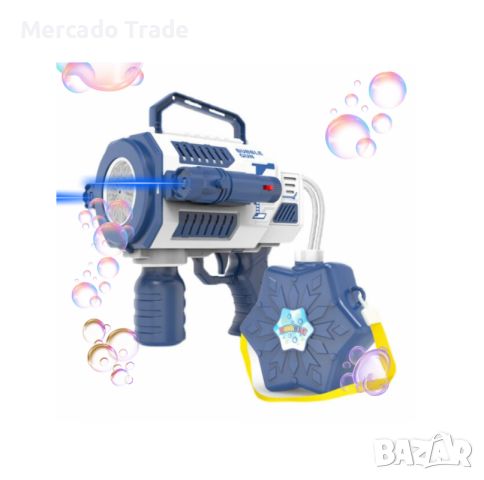 Пистолет за сапунени балони Mercado Trade, С резервоар, LED светлина, Син