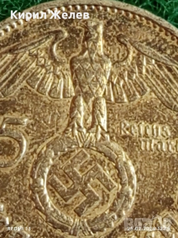 Сребърна монета 5 райхсмарки 1938г. Германия Трети Райх с Свастика за КОЛЕКЦИОНЕРИ 26541, снимка 3 - Нумизматика и бонистика - 53616655