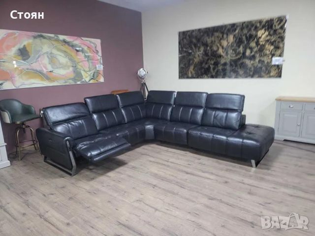 Дизайнерски черен кожен ъглов диван с електрически релакс механизъм, снимка 7 - Дивани и мека мебел - 46474871