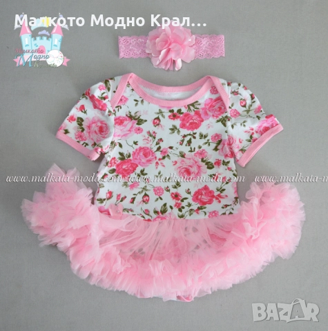 Комплект "Светли рози" боди рокличка, пантофки и лента за коса, снимка 2 - Бебешки рокли - 51504881