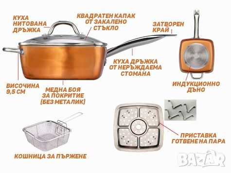 Топ цена! Нов дълбок тиган Copper Pan комплект от 4 части, Незалепващо покритие, 5 начина на готвене, снимка 3 - Съдове за готвене - 46104920