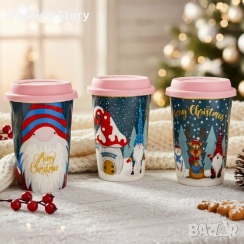 Порцеланова Коледна чаша със силиконов капак, снимка 5 - Чаши - 52484729