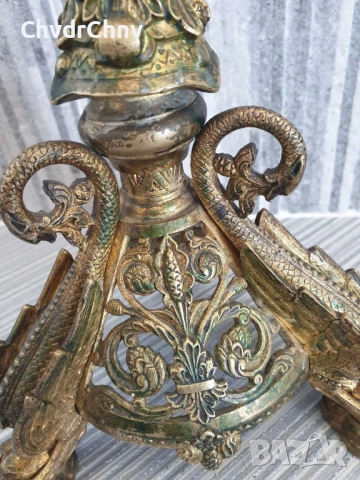 46см-3кг стар френски църковен бронзов свещник с фигури-гаргойли, снимка 7 - Антикварни и старинни предмети - 51441811
