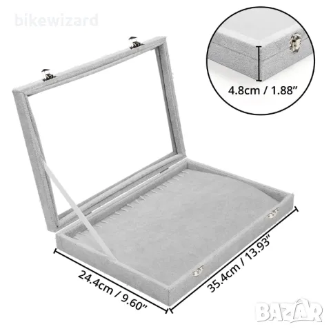 BELLE VOUS Сива кадифена поставка за бижута 20 кукички стъклен капак НОВО