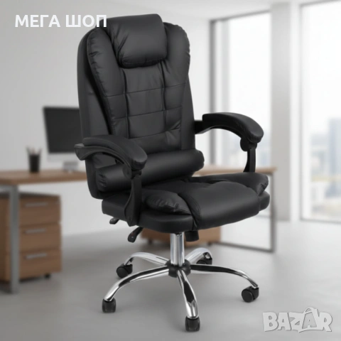 Ергономичен офис стол с лумбална опора от еко кожа в черен цвят – комфорт за дълги часове без болки , снимка 2 - Столове - 53870115