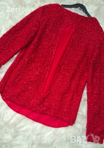 УНИКАЛНА блуза от червено букле, цялата в червени пайети, снимка 6 - Блузи с дълъг ръкав и пуловери - 52960574