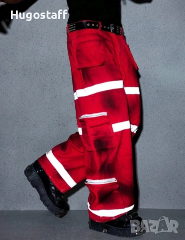 Нови baggy Casual Loose Fit Jeans дънки панталони карго  тъмно червени пожарникари размер 34