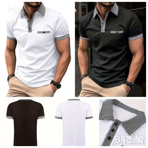 Мъжка ежедневна карирана риза с ревер,4 копчета,винтидж стил и къс ръкав, снимка 1 - Тениски - 45637825