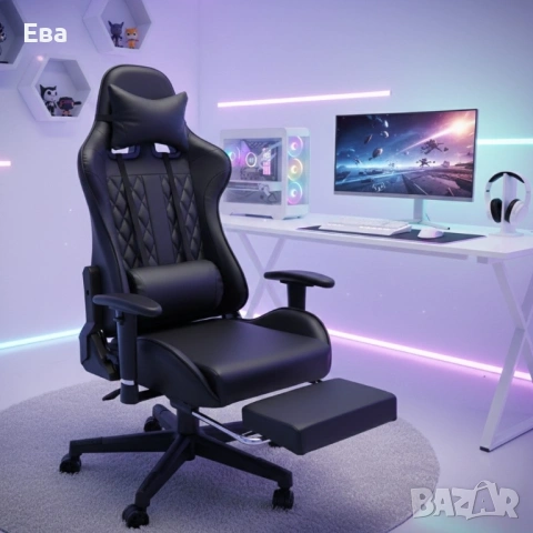 Геймърски стол с прибираща се подложка за крака и функция за масаж - черен