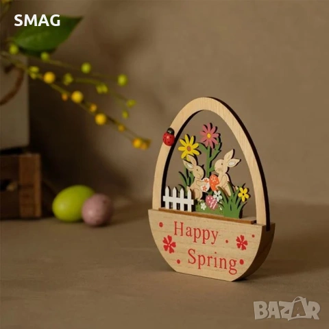 Великденско декоративно настолно дървено яйце, със зайчета в ограда и надпис:"Happy Spring"_1219962, снимка 3 - Декорация за дома - 54224601
