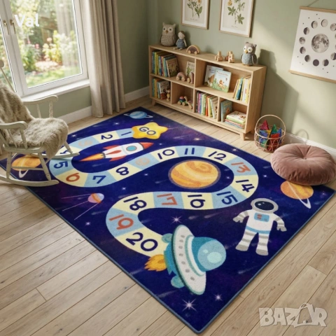 Детски килим за игра 120х160см - Тъмносин килим с космос и пътека от числа, противоплъзгащ и миещ се, снимка 5 - Килими - 53932513