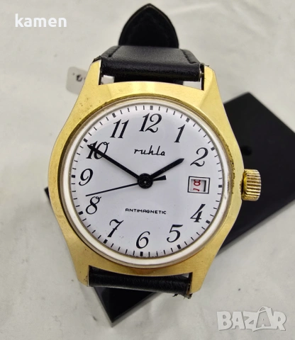 Винтидж антимагнитен часовник RUHLA - произведен в ГДР - позлатен - нова черна каишка