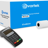 AVARTEK 57 x 40 mm термична хартия за разписки за PDQ машина за кредитни карти, POS и др., 200 ролки, снимка 1 - Консумативи за принтери - 44977250