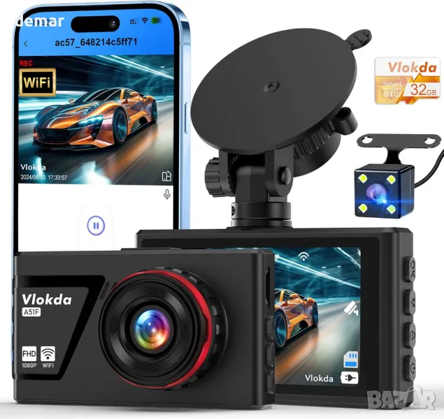 Dash Cam отпред и отзад, 1080P WiFi/APP контрол, 32GВ карта, нощно виждане, WDR, G-сензор, снимка 1