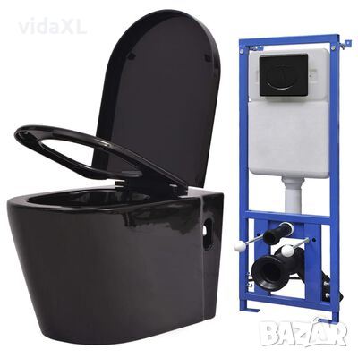 vidaXL Окачена тоалетна чиния, със скрито казанче, керамична, черна(SKU:3054479, снимка 1
