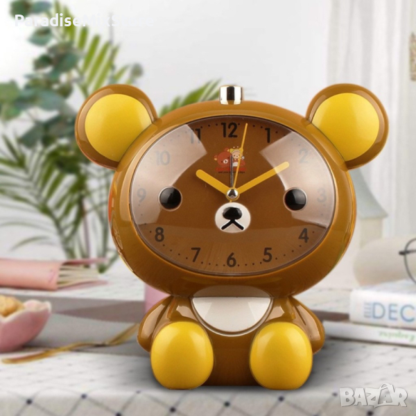 Детски настолен часовник със светлина и функция за будилник с батерии Мече, 15 х 16 см разл. цветове, снимка 1
