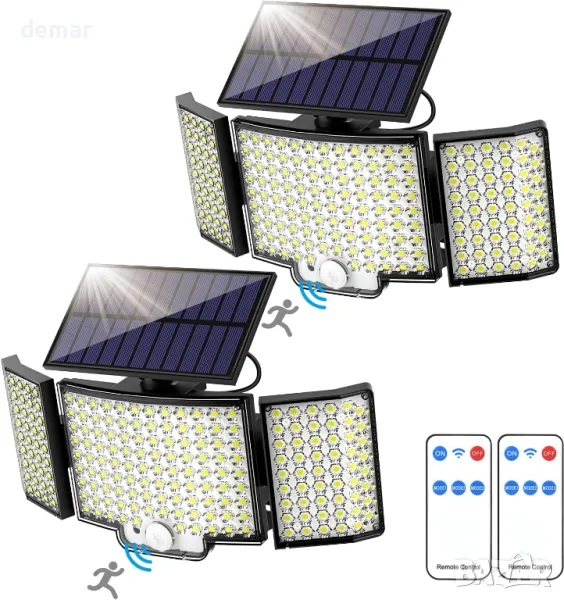 Външни соларни лампи, 212 LED, сензор за движение, 270° ъгъл, 3 режима, IP65, с дистанционно, 2 броя, снимка 1