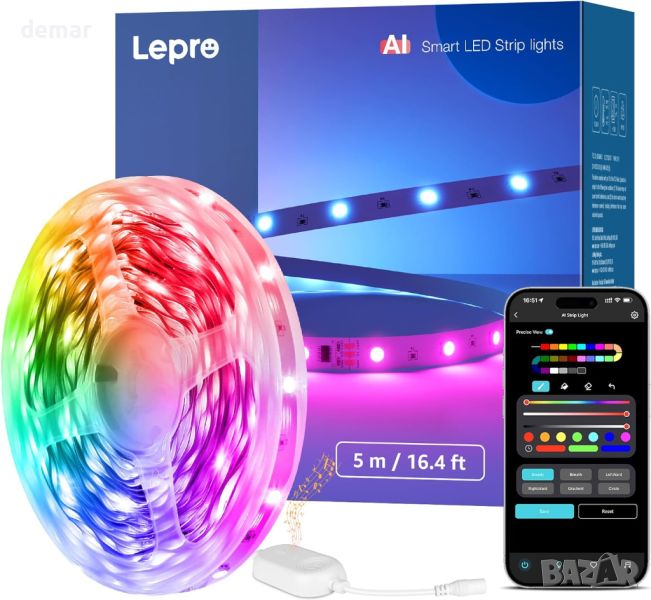 Lepro S1 Smart LED лента, 5M 150LEDs Работи с Alexa, Google Assitant, Bluetooth и WiFi App Control, снимка 1