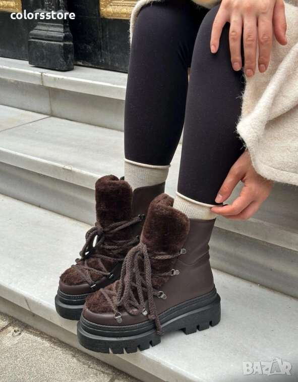 Боти на платформа - кафява кожа с кафяв пух - BPUH1 , снимка 1