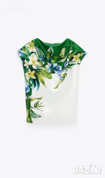 Риза на Zara, сатен, блуза с флорални мотиви, бяла, зелена, снимка 1
