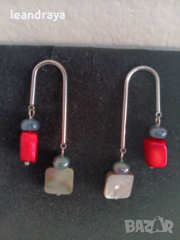 Обици корал, седеф и перли, снимка 4 - Обеци - 50744294