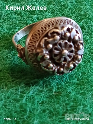 Възрожденски филигранен сребърен пръстен гранулация ювелирна изработка 36131, снимка 2 - Пръстени - 52934091