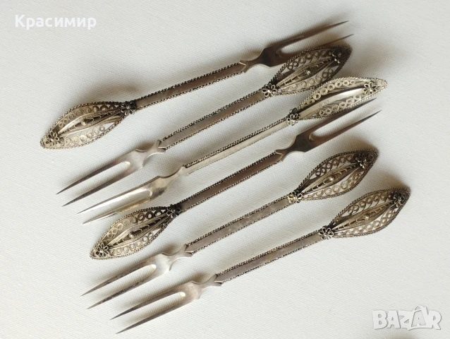  6 вилички СРЕБЪРНИ с филигранна дръжка проба 800, 6 лъжички посребрени,обаче филиграна е сребърен , снимка 5 - Антикварни и старинни предмети - 51413524