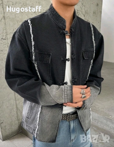 Ново мъжко  японски стил закопчаване дънково яке риза деним памук кимоно XХЛ, снимка 2 - Якета - 53029872