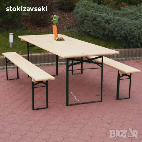 Сгъваем комплект градинска маса с 2 пейки - От чамово дърво, снимка 3 - Градински мебели, декорация  - 54058444